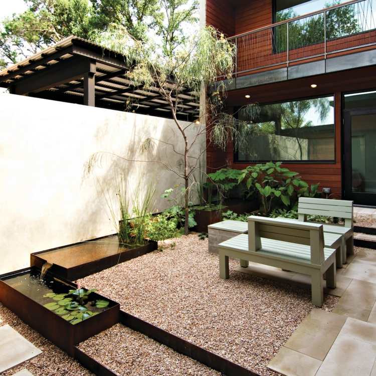 trädgård vatten funktion terrass dekoration rostfritt stål fontän näckrosor pergola