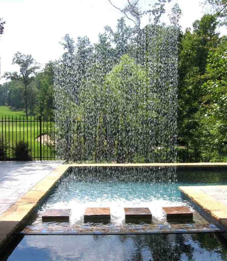 vatten funktion trädgård fritt fall modern design pool stenar kakel bro