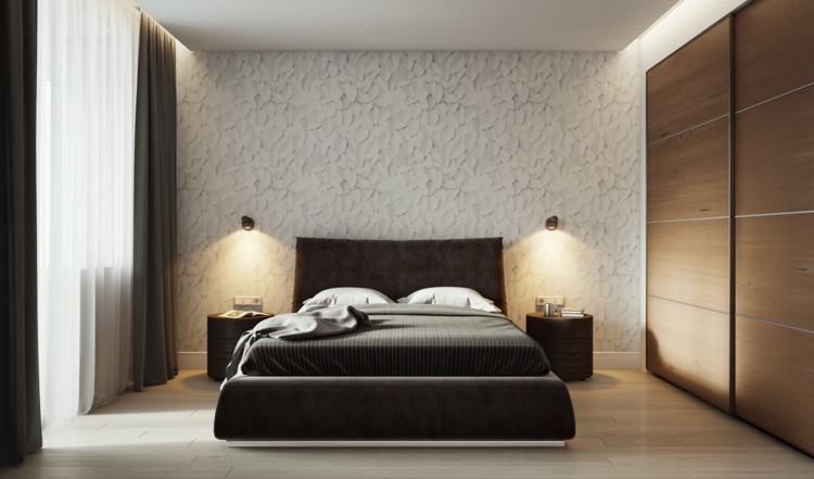 vit grå beige sovrum accent väggstruktur säng inbyggd garderob