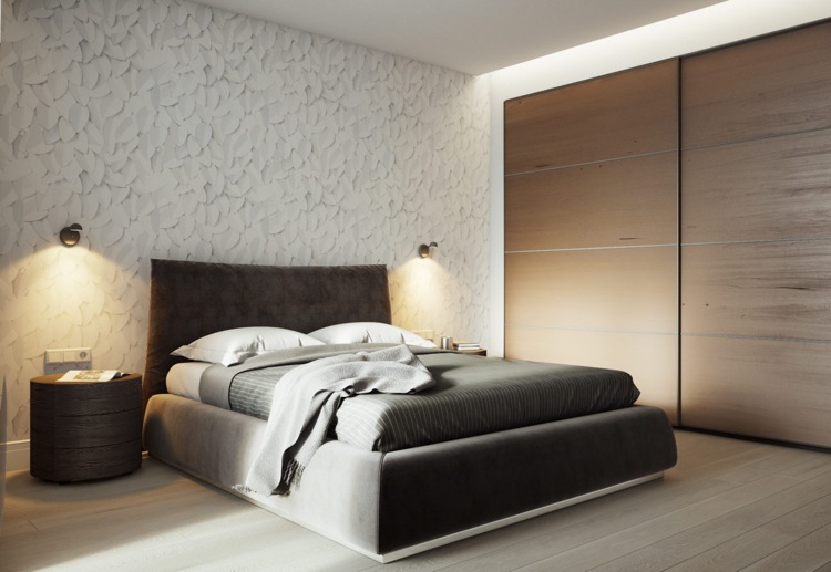 vit grå beige sovrum trä inbyggd garderob säng