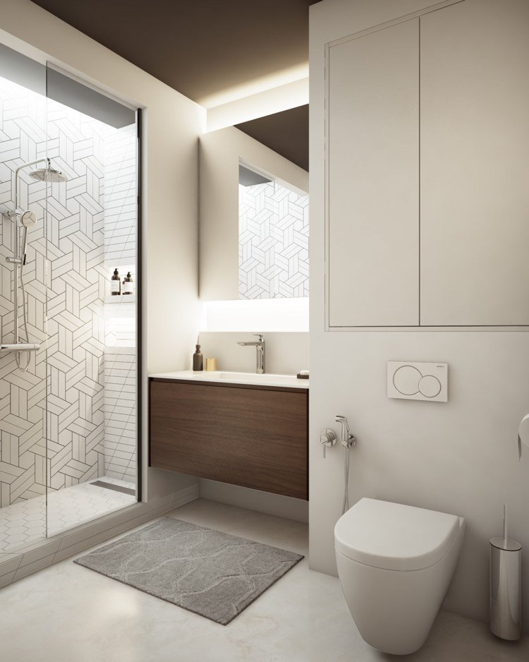 vit grå beige badrum litet inbyggt skåp helt enkelt elegant