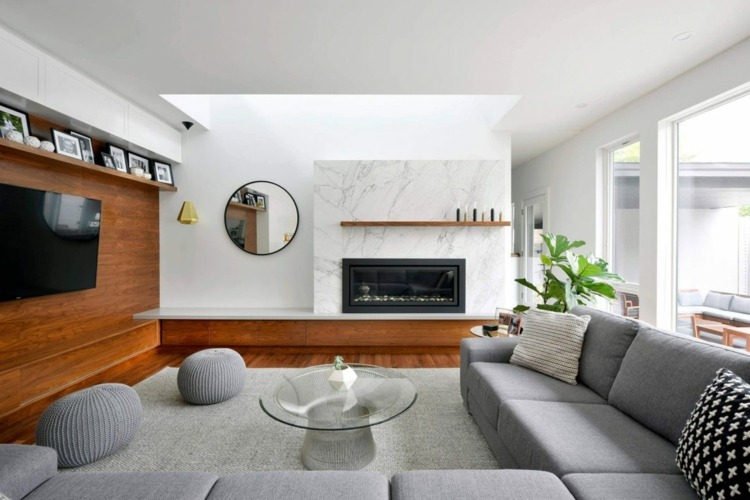 vitt kök-marmor-grå-möbler-vardagsrum-väggbeklädnad-trä