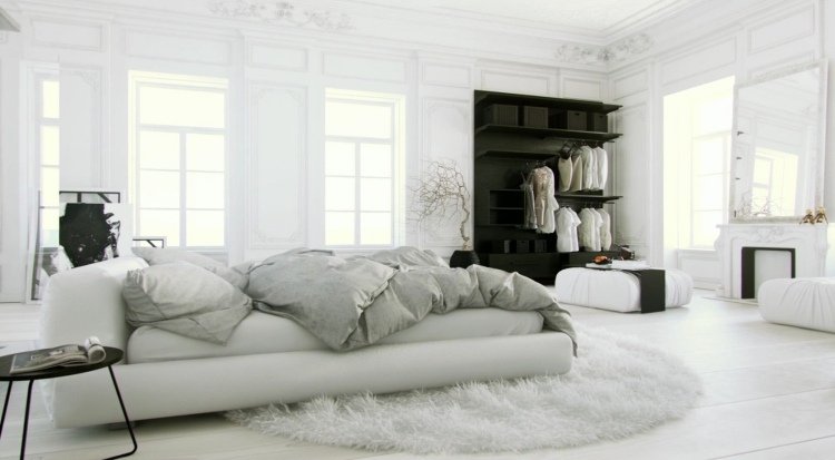Vita sovrumsmöbler -stil-design-minimalistisk-klädsel-svart-skåp-hylla-fönster-högt i tak