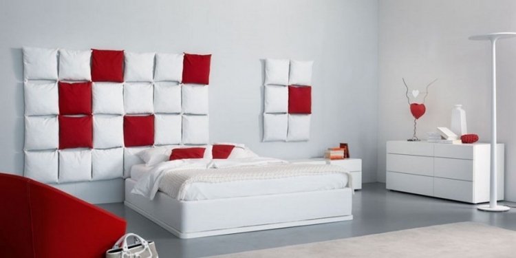Vita sovrumsmöbler -stil-design-minimalistisk-röd-accent-byrå-rutor-kuddar