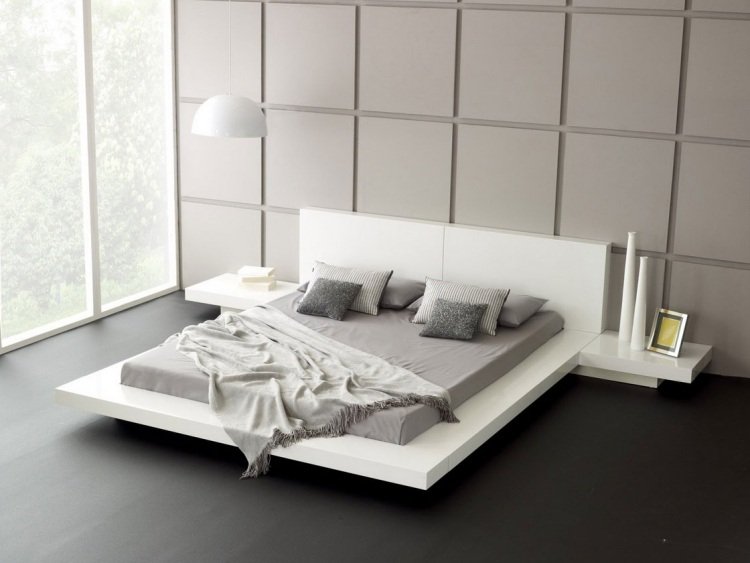 Vita sovrumsmöbler -stil-design-minimalistisk-hängande säng-hängande lampa-nattkonsol-grå-sängkläder