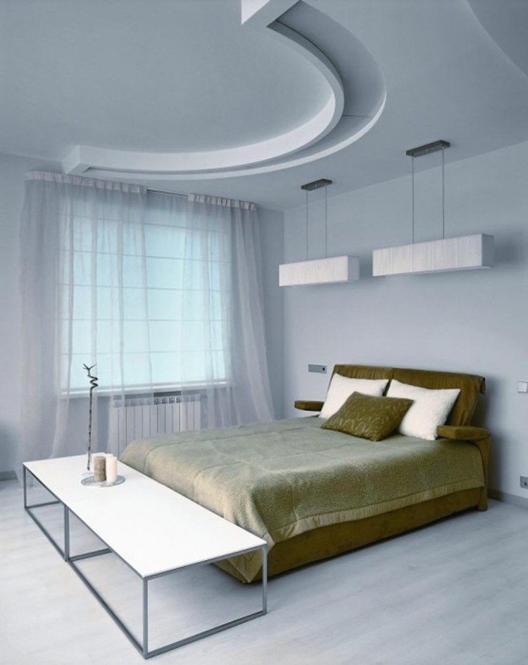 Vita sovrumsmöbler -stil-design-minimalistisk-grön-bord-gardin-ljus-båg-tak