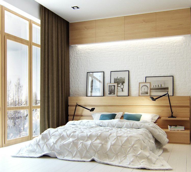vita sovrum-möbler-stil-design-minimalistisk-trä-vägg-bilder-svart-vita-fönster