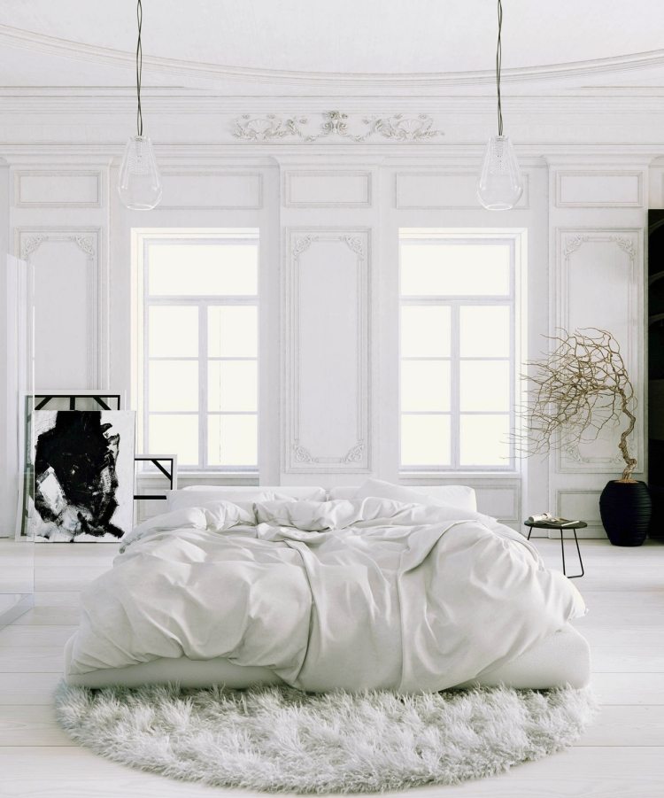 vit-sovrum-möbler-stil-design-industriell-design-paris-lägenhet-högt i tak-bild-svart-enkel