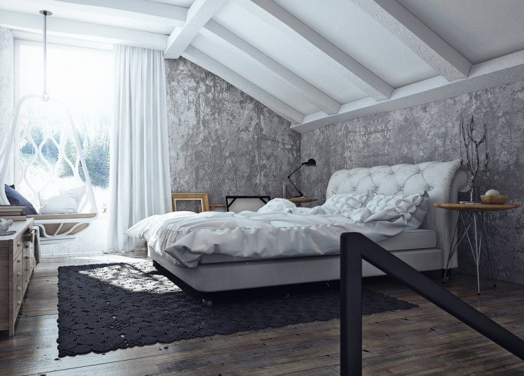 vit-sovrum-möbler-stil-design-industriell-design-grå-hängande stol-klädsel-sänggavel-sluttande tak-fönster