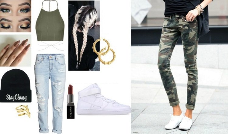 vita-sneaker-kombinationer-hiphop-crop-top-militär-stil-pojkvän-jeans