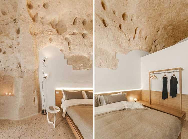 vit-vägg-färg-natur-trä-möbler-grotta-hotellrum-säng