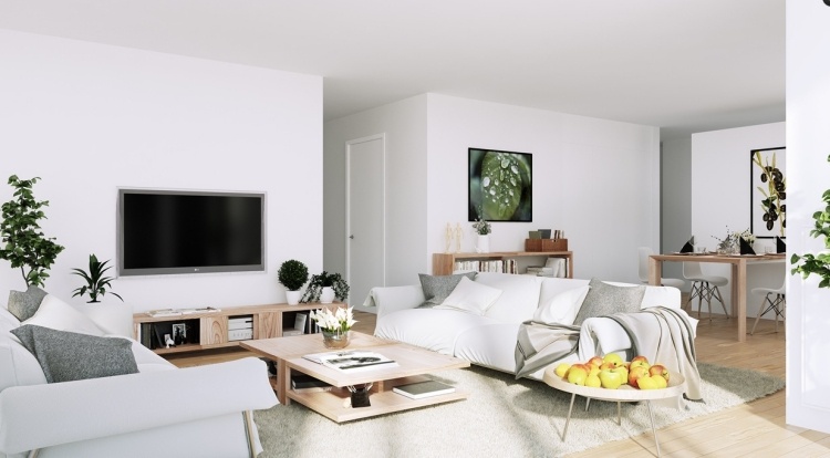 Vitt vardagsrumsmöbler -moderna-Scandinawisch-soffa-två-matplats-tv-växt-trämöbler