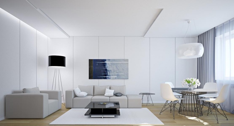Vita vardagsrumsmöbler -moderna-stora-fåtölj-soffa-matbord-plast-stol-trägolv