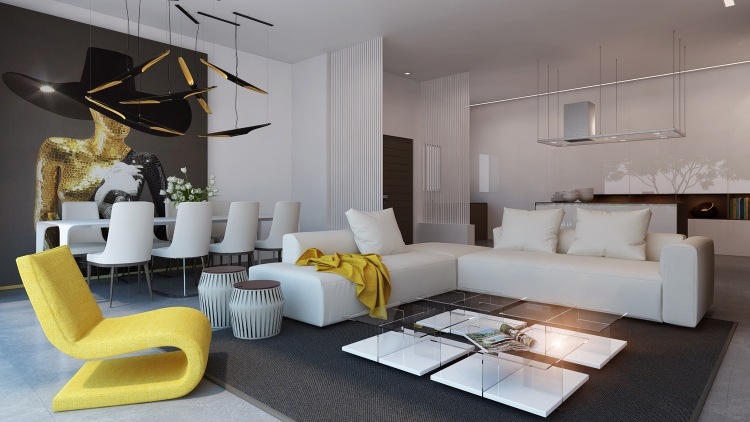 Vita vardagsrumsmöbler -moderna-funky-gula-matbord-soffa-grå