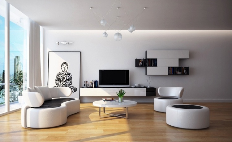 Vita vardagsrumsmöbler -moderna-svart-vita-välvda-väggmoduler-trägolv