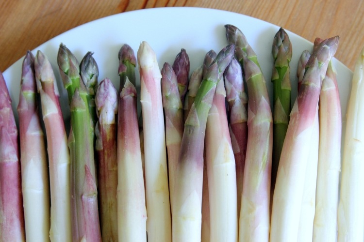 Odla sparris -grön-vit-violett-spets-laga-skörda-tallrik