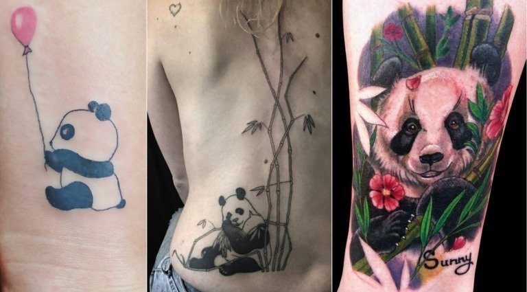 Vacker kvinna tatuering idéer med panda björn med ballong eller bambu