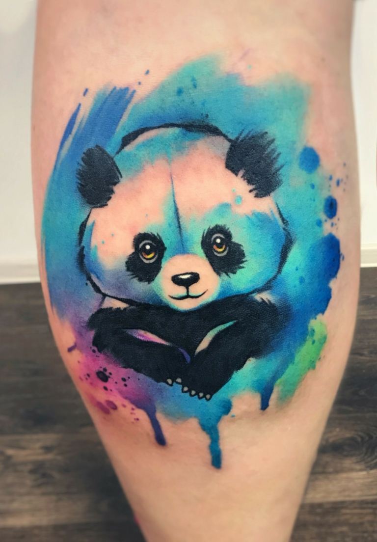 Vadtatuering med attraktiva panda- och akvarellfärger i blått, rosa, lila och grönt