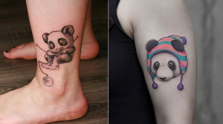 Stickad pandabjörn och motiv med ullmössa i känsliga pastelltoner som blått, rosa och lila