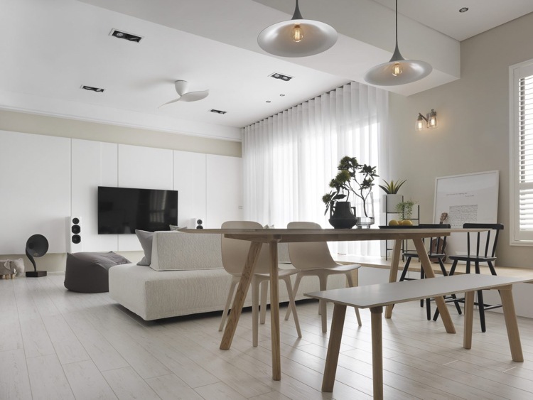 vit laminat grå nyanser vardagsrum matbord minimalistisk