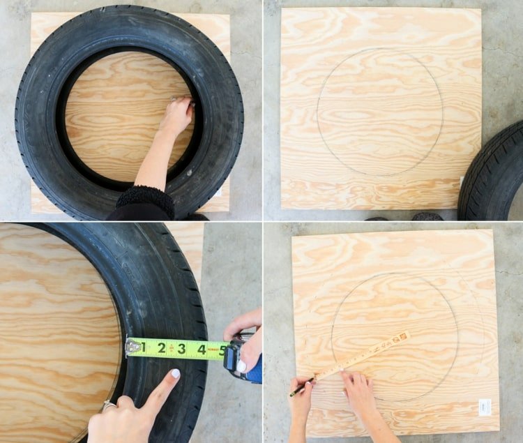 DIY bildäckdekoration till jul - överför däckets kontur på plywood