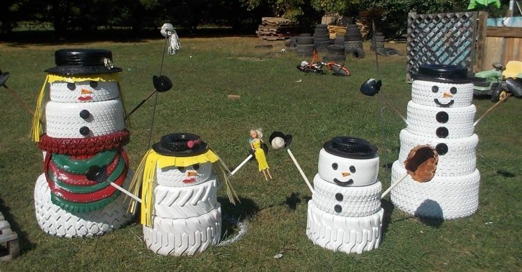 Gör dina egna trädgårdsdekorationer till jul med gamla däck - roliga snögubbar
