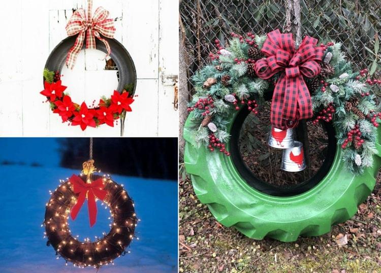 Julkrans som idé för självtillverkad bildäckdekoration med grangrön, julstjärna eller sagoljus