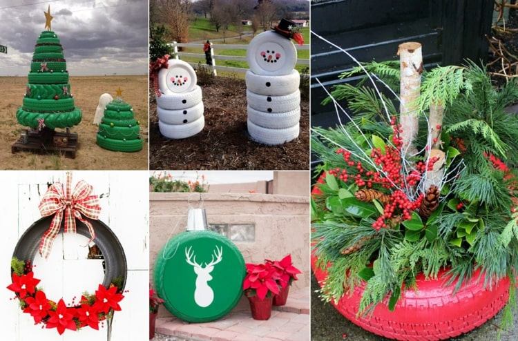 Gör bildäckdekorationer till julen själv - snögubbe, julkrans och blomsterarrangemang