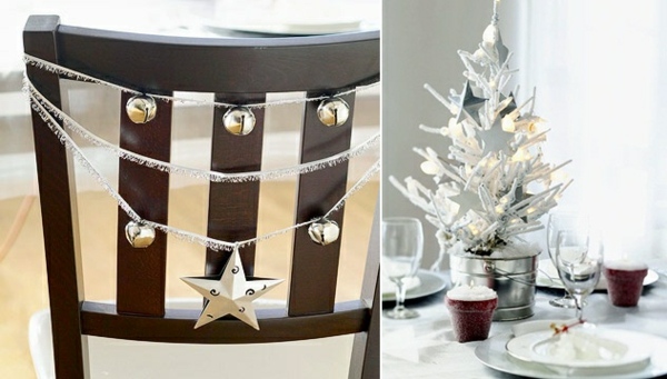 Bordsdekoration stol stjärnklocka konstgjord julgran vit