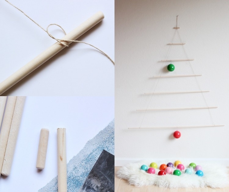 julgran-alternativ-vägg-dekoration-gör-det-själv-minimalistiska-träpinnar-sträng-julbollar
