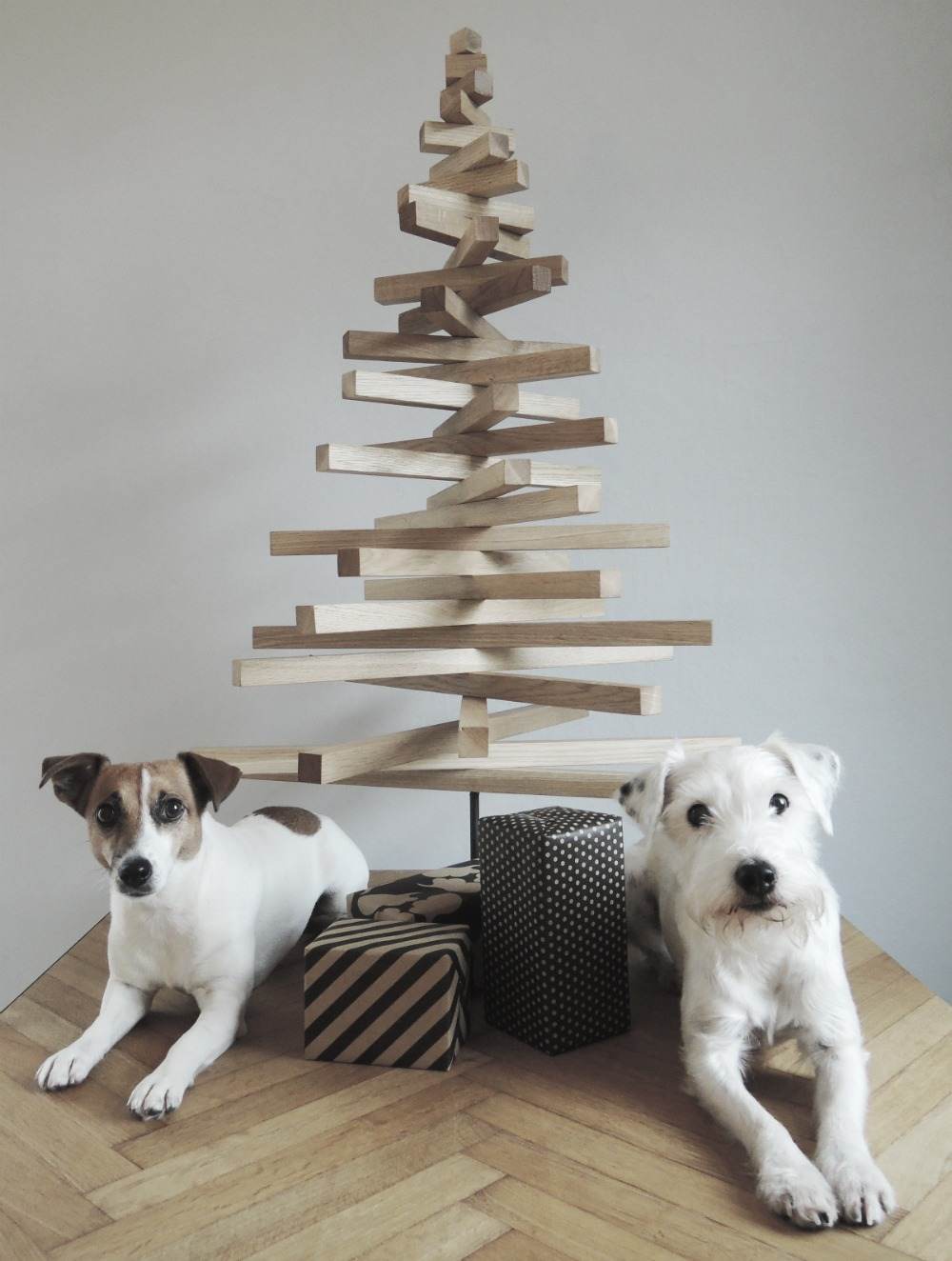 två små hundar sitter bredvid ett gran av naturligt trä i minimalistisk stil