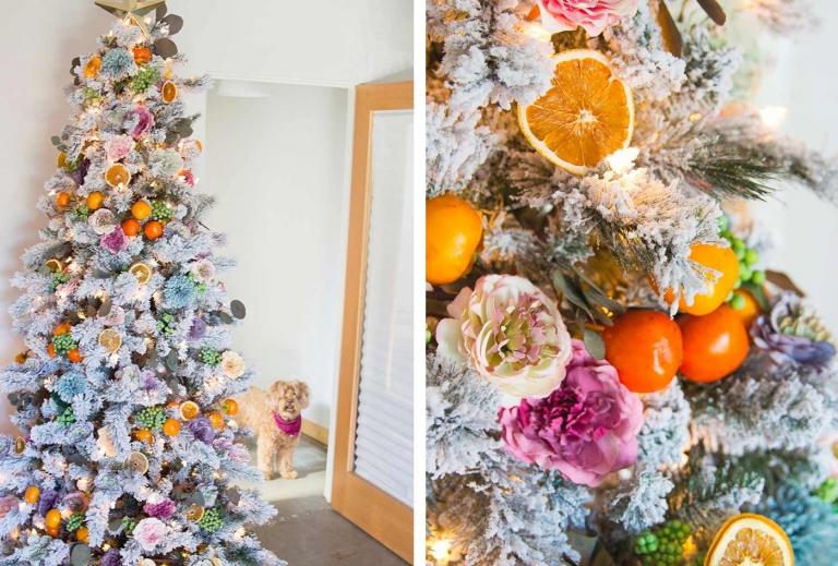 Julgran pryder trender med naturmaterial som hänger blommor och citrusfrukter som citroner