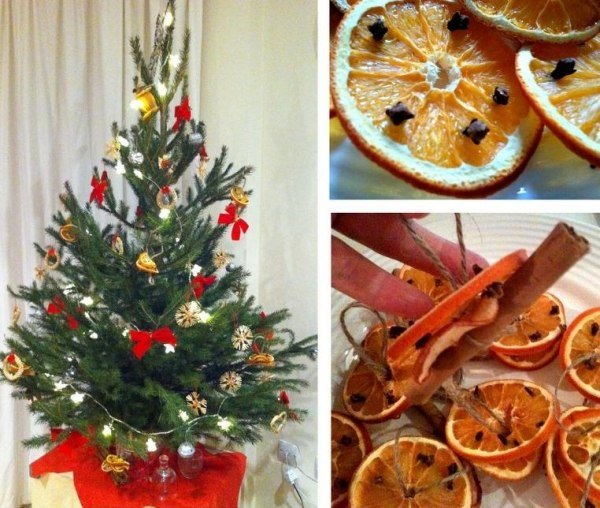 julgran dekoration idé torkad apelsin kanelstänger doft