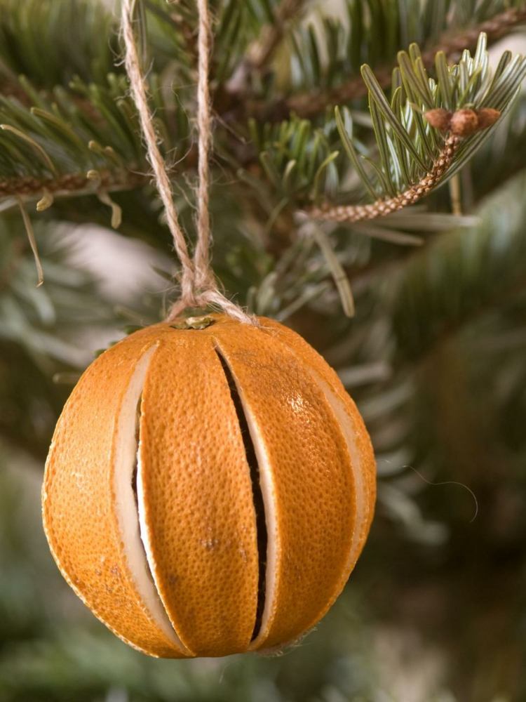 julgransdekorationer av naturmaterial orange-skal-slits-garn