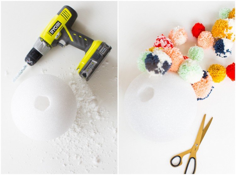 Hantverksinstruktioner Julgranstopp gjord av pomponger frigolitboll