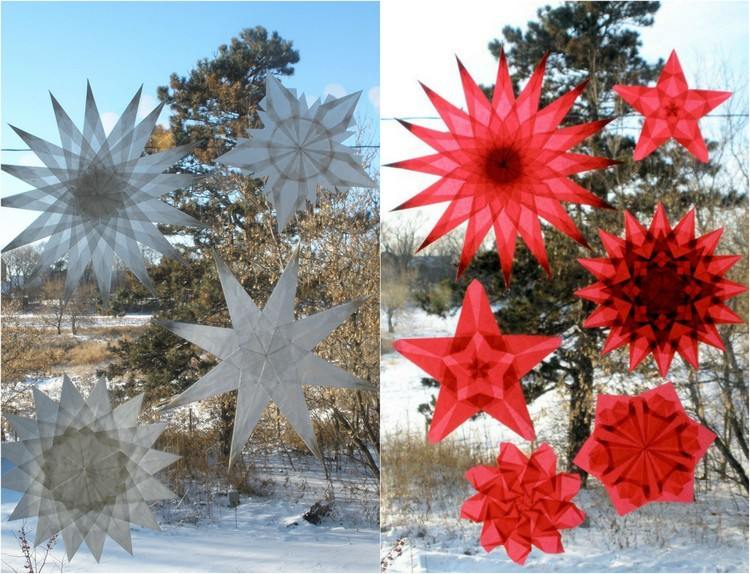 Juldekorationer för fönster. Gör stjärnor av transparent papper, rött och vitt, olika mönster