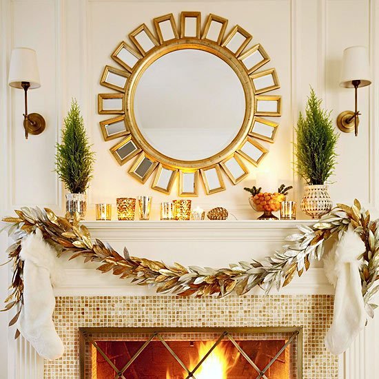 juldekorationer och kransidéer mantelpiece golden magnolia leaf