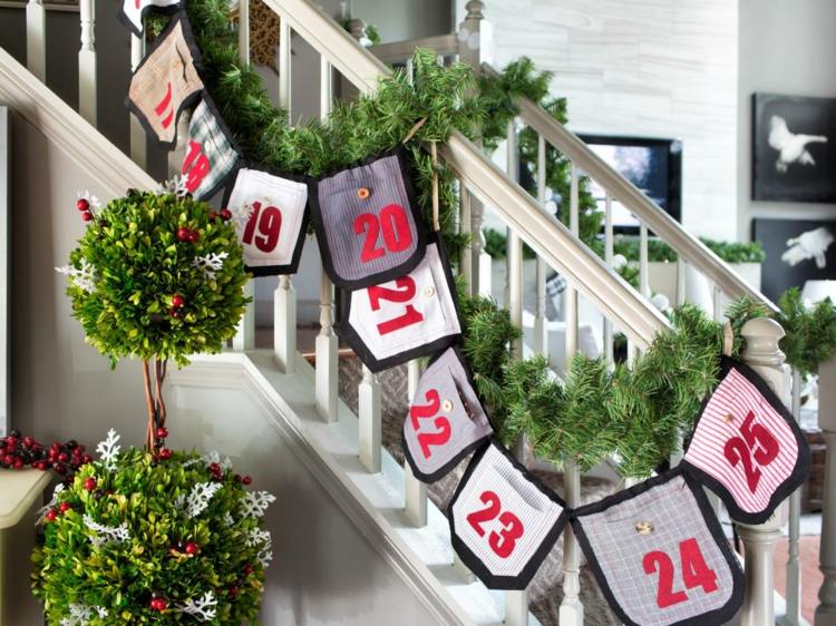 juldekorationer och idéer adventskalender balustrade grangrenar buxbom