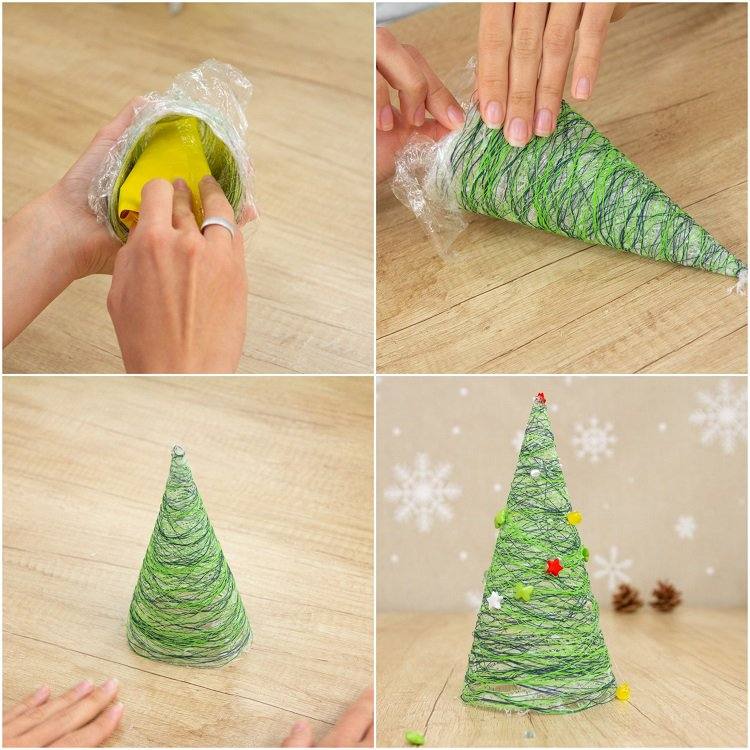 Gör en mini -julgran av tråd, papperskotte, plastfolie