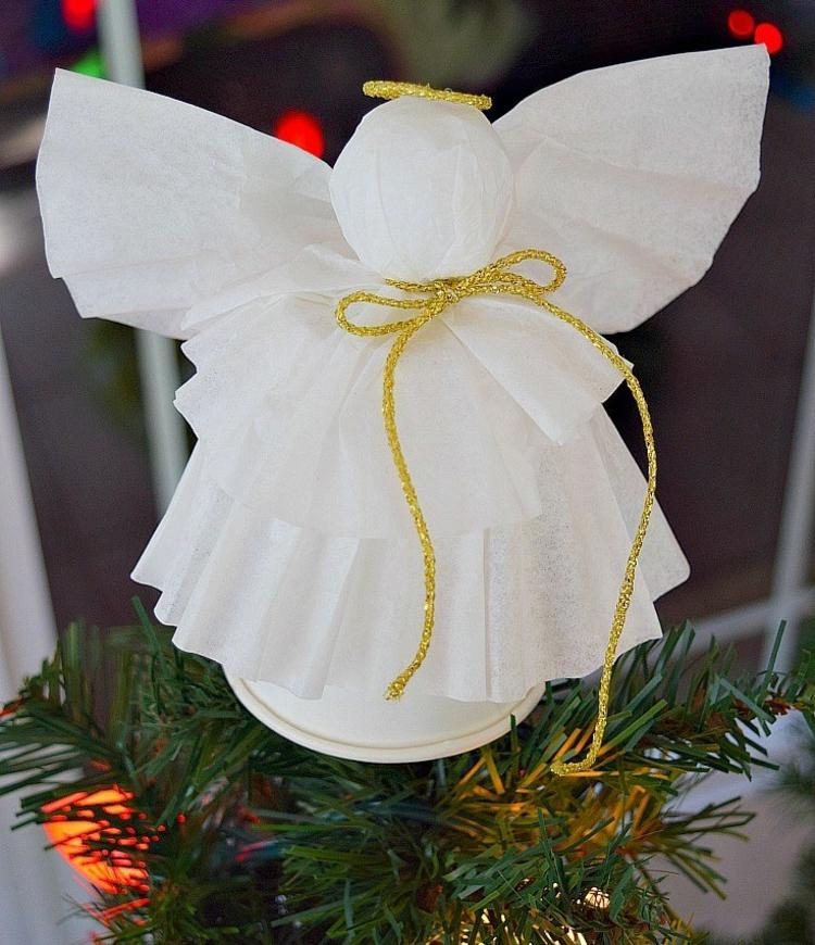 jul ängel tinker med barn kaffefilter diy papper kopp julgran dekorationer