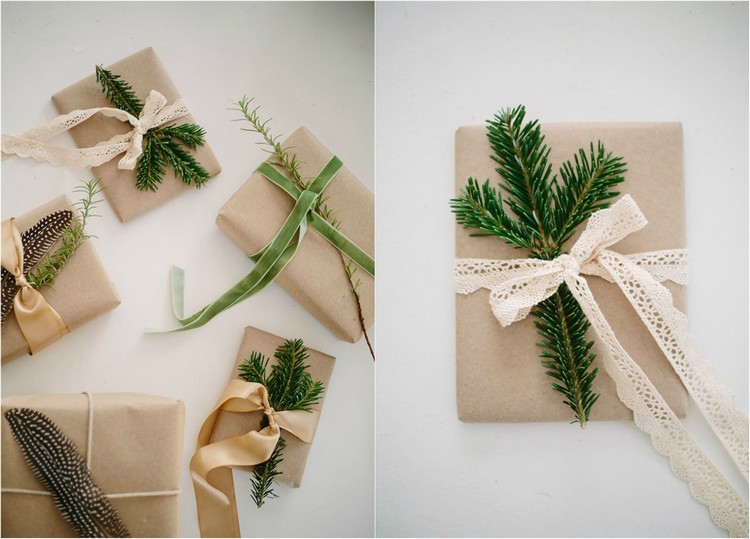 jul-present-inslagning-idéer-brunt-papper-vintage-band-grön gren