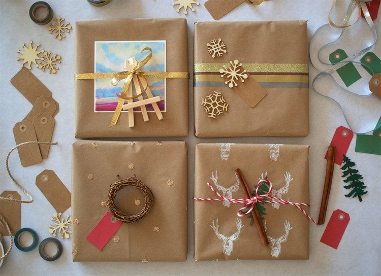 jul-present-inslagning-idéer-kraft-papper-gyllene-dekorationer-glitter-band