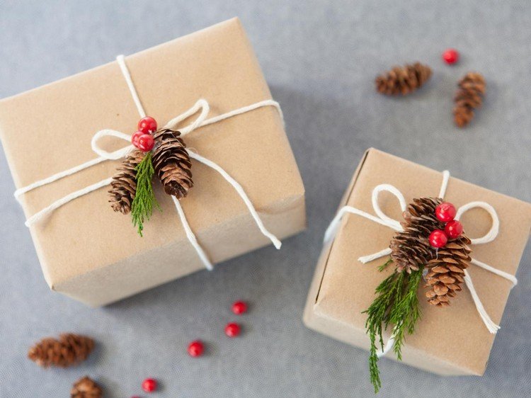 Julklappar slår in idéer-brunt-papper-sträng-kottar-bär