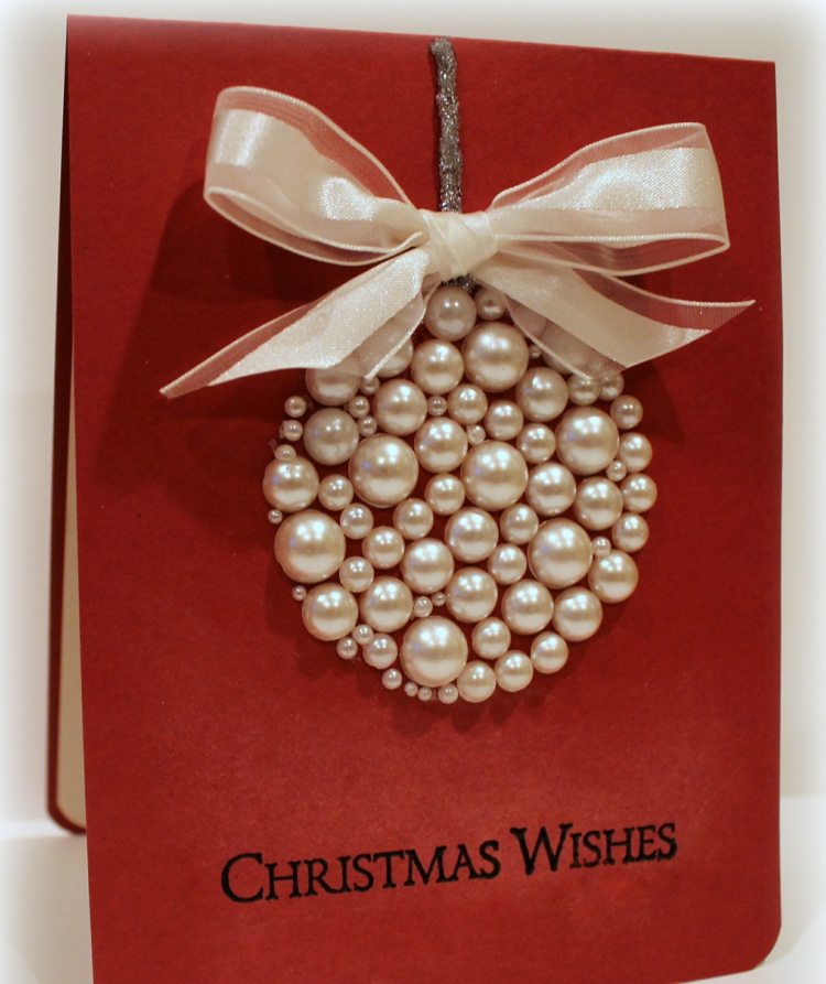 Julkort tinker pärlor text rosett julbollar