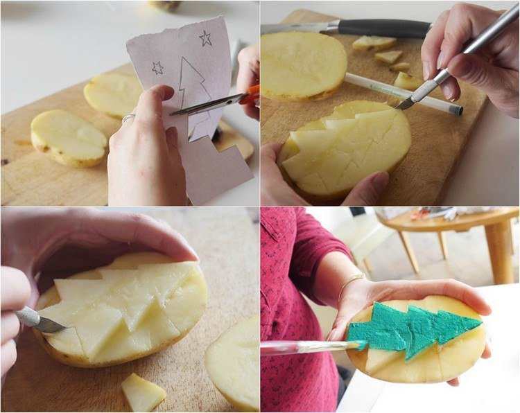 pyssla-själv-julkort-potatis-stämpel-gran-träd