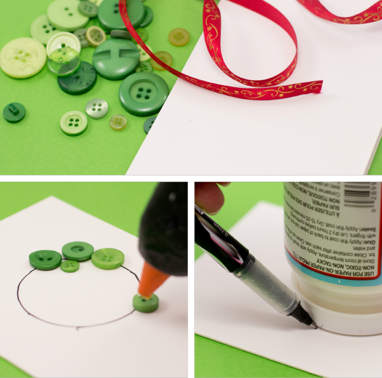 pyssla själv julkort krans grön knapp collage cirkel ritning