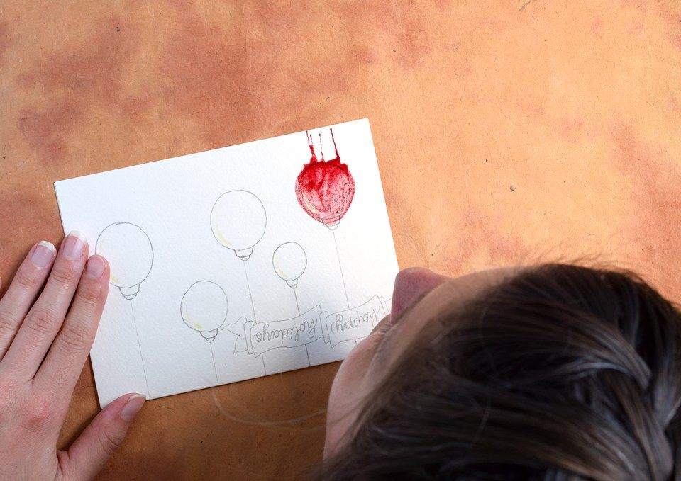 Måla själv julkort Ballong med akvareller kreativa instruktioner för gratulationskort