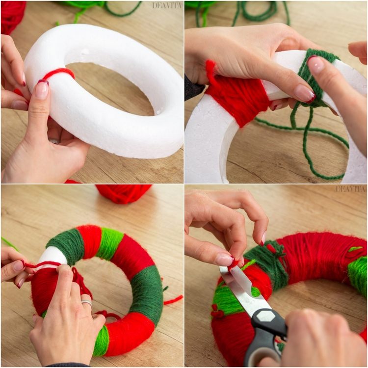 DIY julkrans gör dig till ulltrådslips röd grön frigolitring