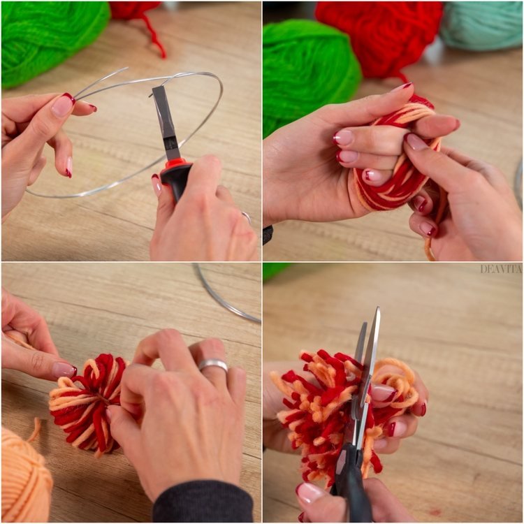 DIY trådkrans själv göra pomponger questen tång form fingrar linda runt slips ändar skära