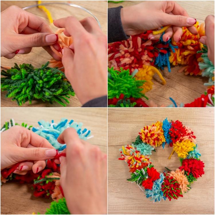 DIY trådkrans själv göra pomponger questen tång form fingrar wrap slips gör